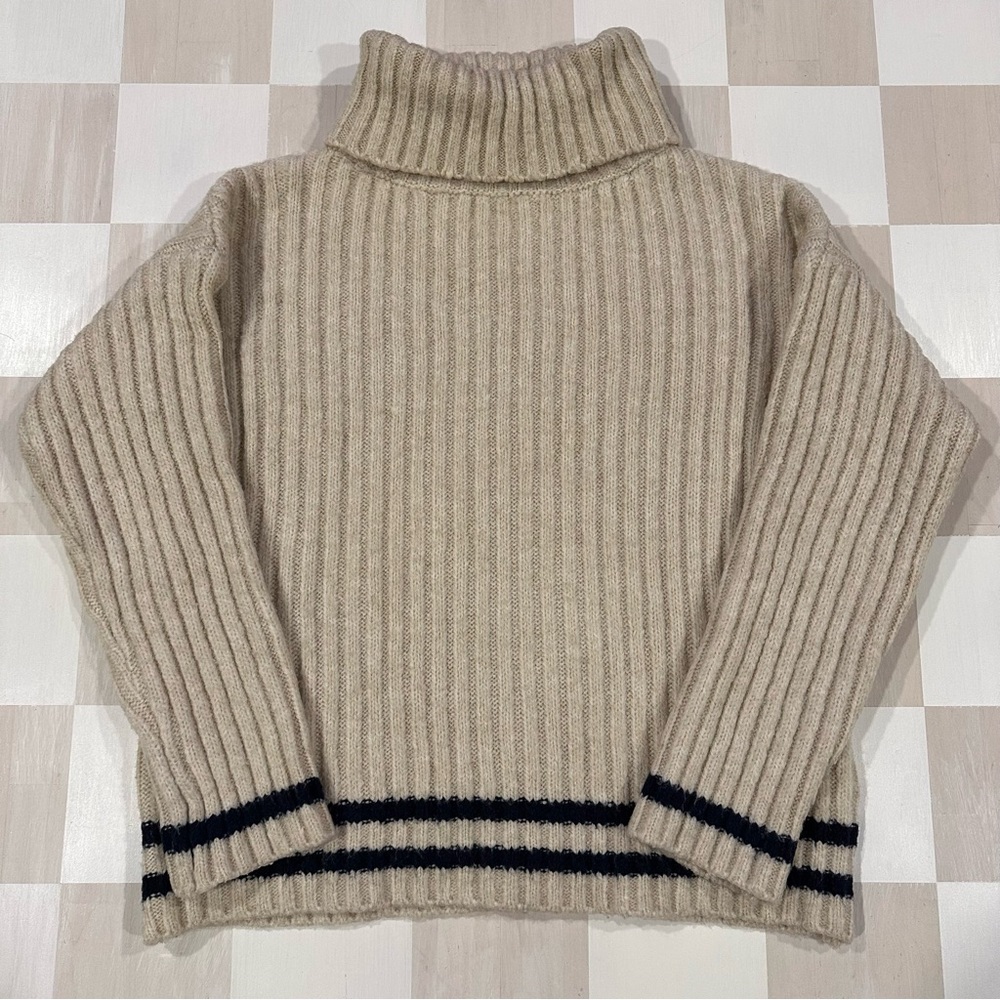 pol ribbed yak wool blend beige dark navy striped turtleneck chunky knit sweater